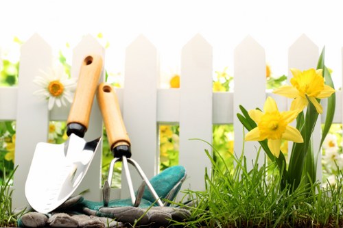 Leaves Green gardeners maintaining healthy plants and tidy borders